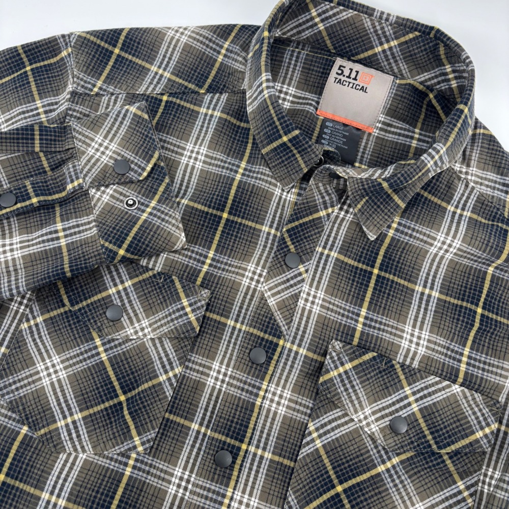 5.11 Tactical Flannel Shirt Mens Large Olive Brown Plaid Snap Front Excellent